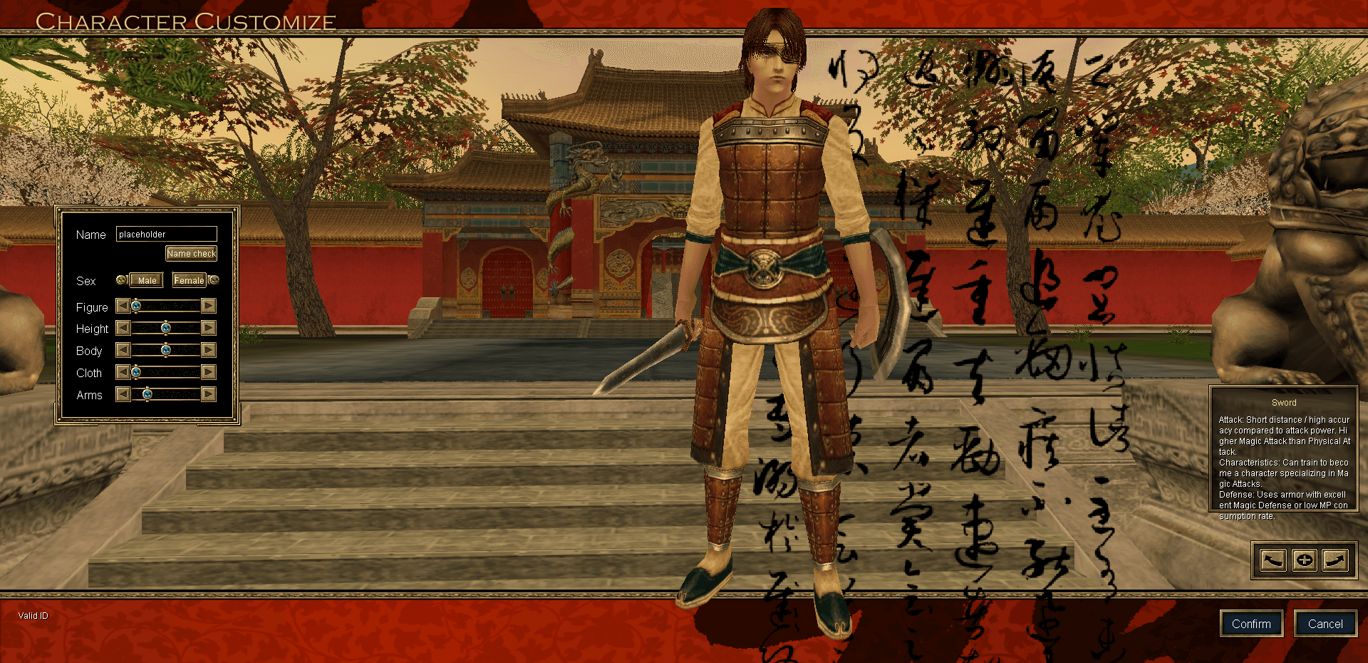 The character customise screen: the Name, Sex and slider panel on the left, a weapon description on the right, and Confirm at the bottom