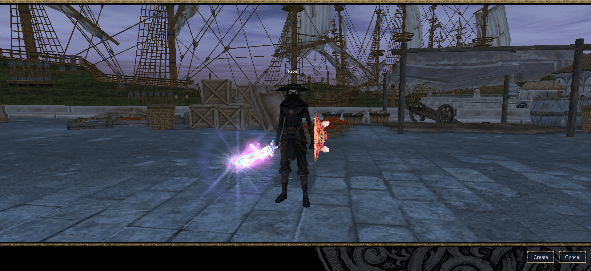 The character select screen, with the Create and Cancel buttons at the bottom right