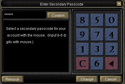 Enter Secondary Passcode, with a shuffled numeric keypad and Confirm, Reissue, Change and Cancel buttons