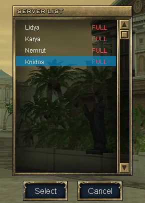 The server list showing Lidya, Karya, Nemrut and Knidos, every one of them marked FULL