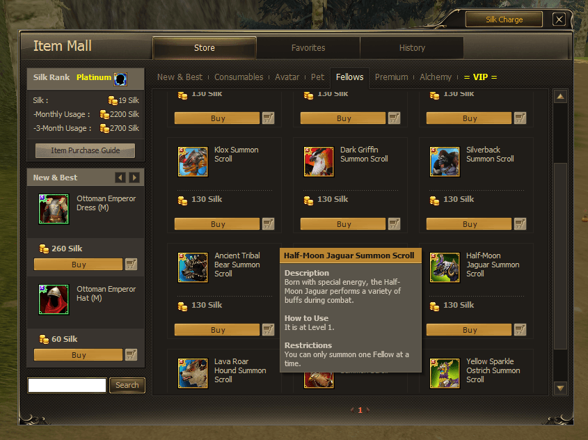 The Item Mall on the Fellows tab, with the Half-Moon Jaguar Summon Scroll tooltip in English