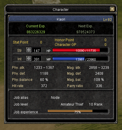 The character window in English, showing stats, hit rate, parry ratio and job level
