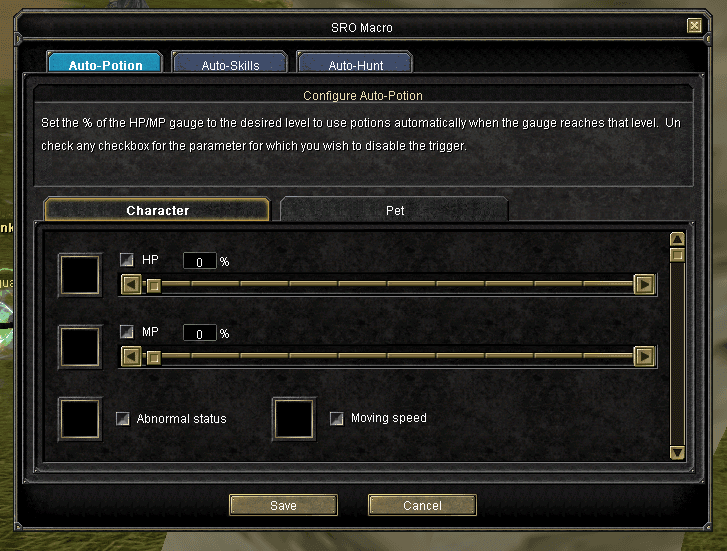 The SRO Macro window, auto-potion tab, with its instructions in English