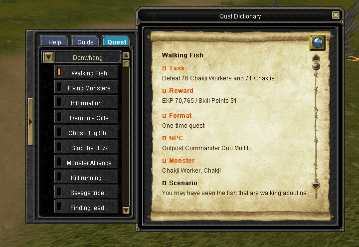 The quest dictionary open on Walking Fish, with task, reward, format, NPC, monster and scenario in English