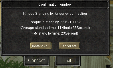 The queue window: Knidos standing by for server connection, 1162 of 1162 people waiting, average wait eleven minutes and thirty-six seconds