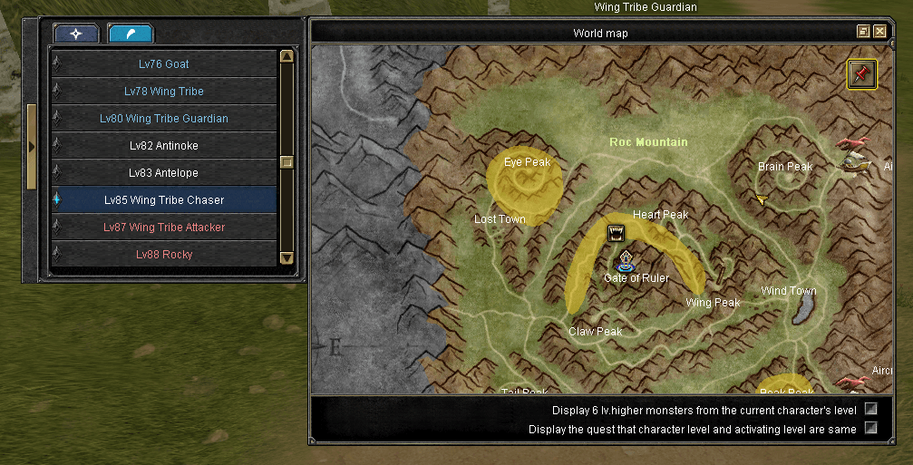 The world map over Roc Mountain, with the monster list beside it naming each one and its level