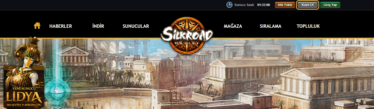 The top of silkroad.gamegami.com, with the Kayıt Ol button at the right of the bar