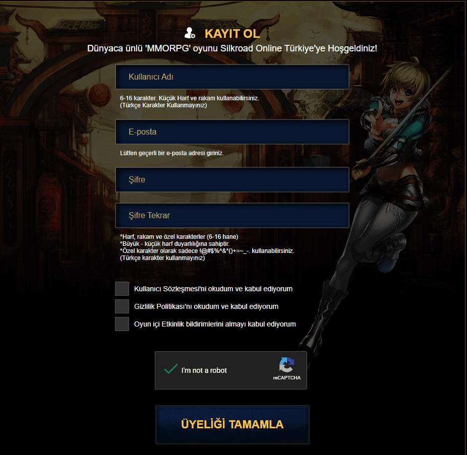 The registration form: username, email, password twice, three checkboxes, a captcha and the Üyeliği Tamamla button