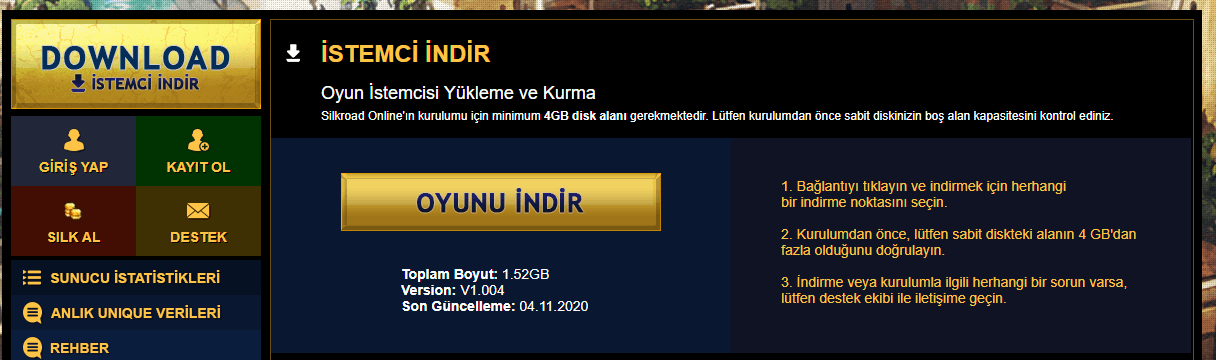 The download page, with the İstemci İndir entry in the left menu and the Oyunu İndir button beside it