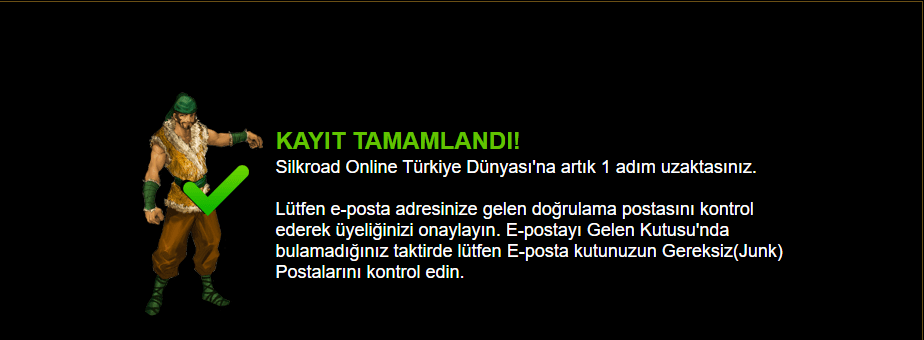 Kayıt Tamamlandı, the page telling you to check the verification mail and your junk folder