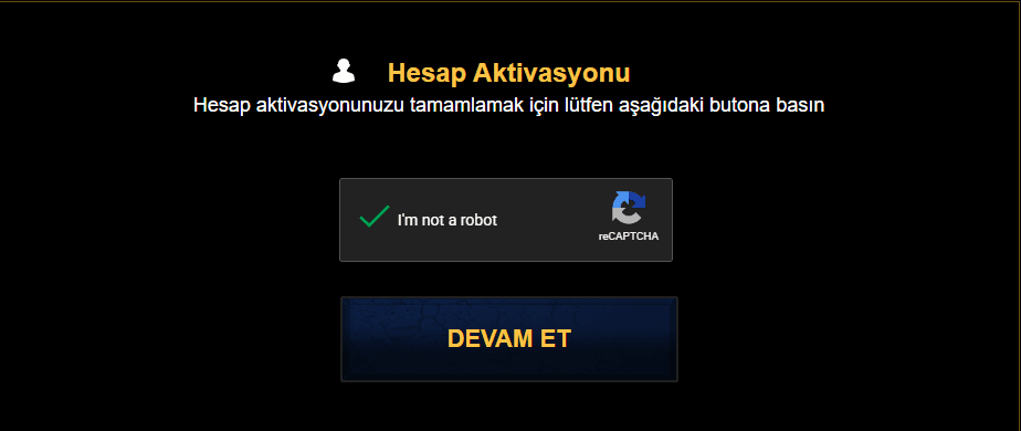 Hesap Aktivasyonu, with a captcha and the Devam Et button